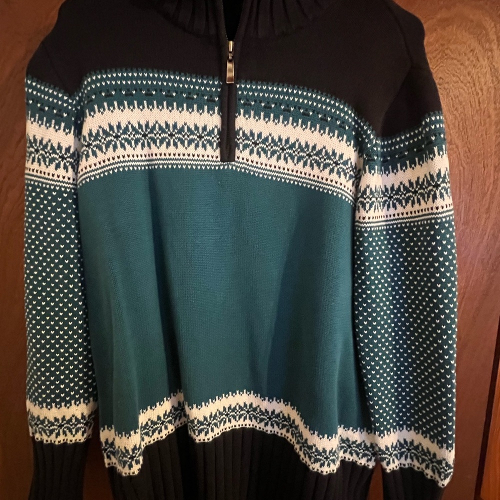 Land’s End Vintage Teal and Black Fair Isle Half-Zip Sweater